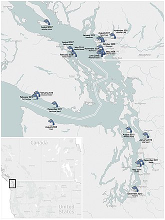 map of sites were feet have washed ashore the salish sea
