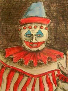 image shows a painting of John Wayne Gacy's character, Pogo the Clown